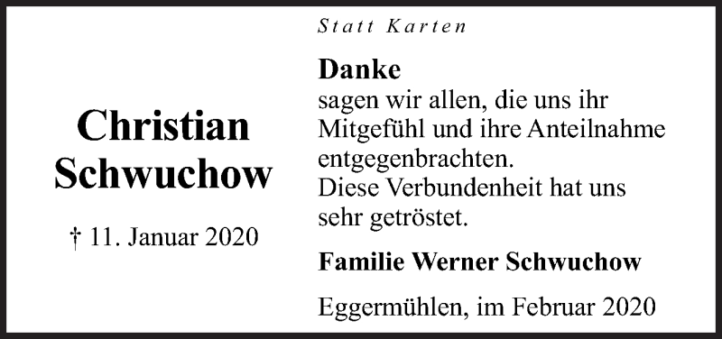  Traueranzeige für Christian Schwuchow vom 22.02.2020 aus Neue Osnabrücker Zeitung GmbH & Co. KG