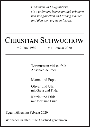 Traueranzeige von Christian Schwuchow von Neue Osnabrücker Zeitung GmbH & Co. KG