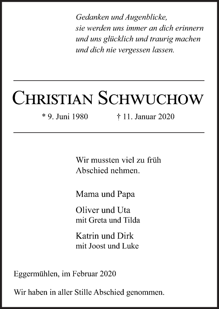  Traueranzeige für Christian Schwuchow vom 05.02.2020 aus Neue Osnabrücker Zeitung GmbH & Co. KG