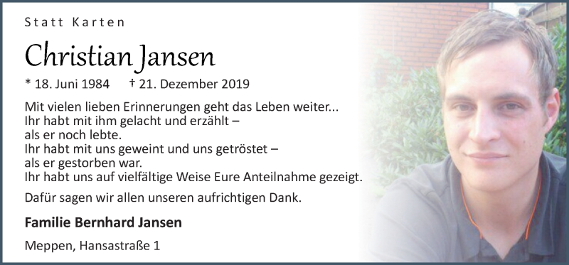  Traueranzeige für Christian jansen vom 01.02.2020 aus Neue Osnabrücker Zeitung GmbH & Co. KG