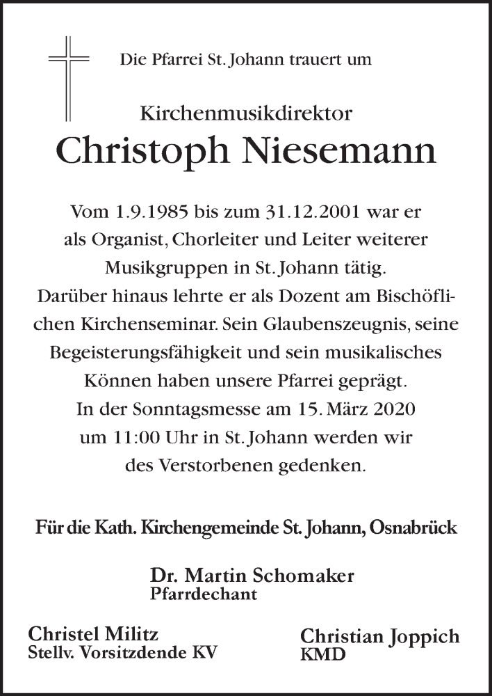 Traueranzeige für Christoph Niesemann vom 08.02.2020 aus Neue Osnabrücker Zeitung GmbH & Co. KG