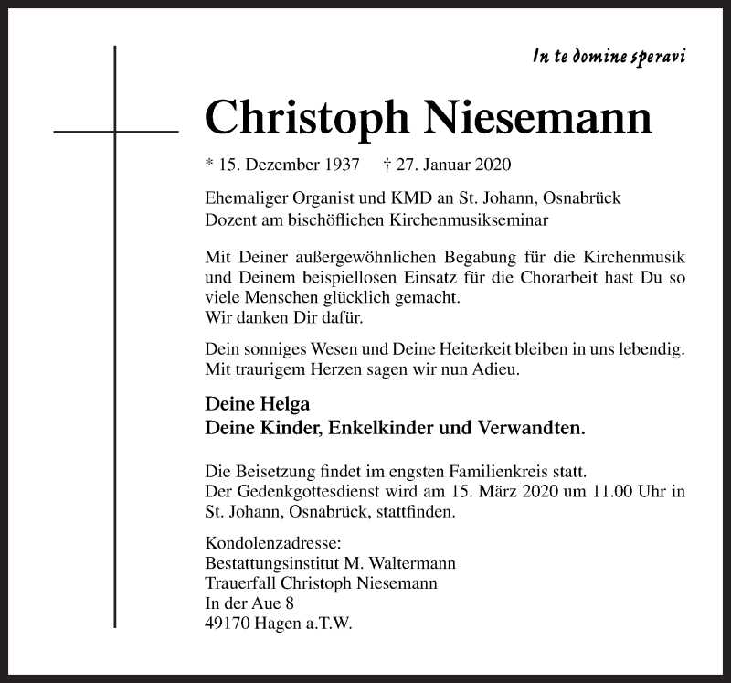  Traueranzeige für Christoph Niesemann vom 01.02.2020 aus Neue Osnabrücker Zeitung GmbH & Co. KG