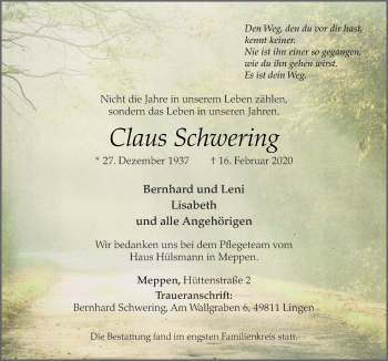 Traueranzeige von Claus Schwering von Neue Osnabrücker Zeitung GmbH & Co. KG