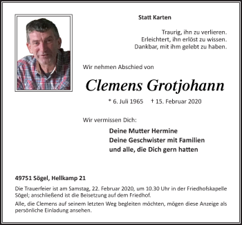 Traueranzeige von Clemens Grotjohann von Neue Osnabrücker Zeitung GmbH & Co. KG