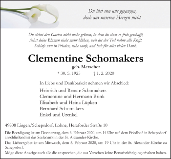 Traueranzeige von Clementine Schomakers von Neue Osnabrücker Zeitung GmbH & Co. KG