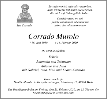 Traueranzeige von Corrado Murolo von Neue Osnabrücker Zeitung GmbH & Co. KG