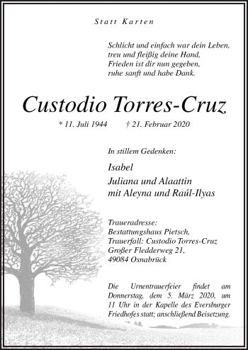 Traueranzeige von Custodio Torres-Cruz von Neue Osnabrücker Zeitung GmbH & Co. KG