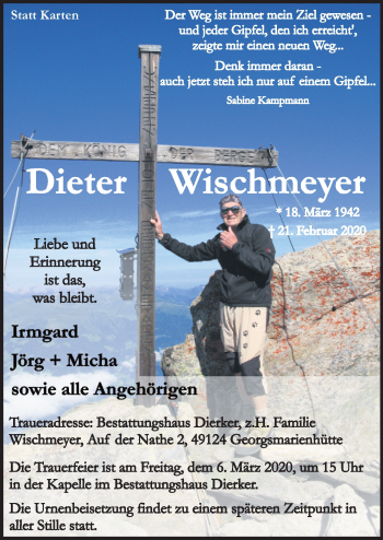 Traueranzeige von Dieter Wischmeyer von Neue Osnabrücker Zeitung GmbH & Co. KG