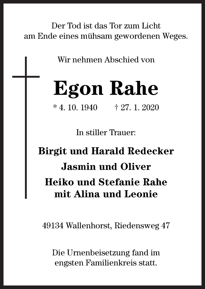  Traueranzeige für Egon Rahe vom 10.02.2020 aus Neue Osnabrücker Zeitung GmbH & Co. KG