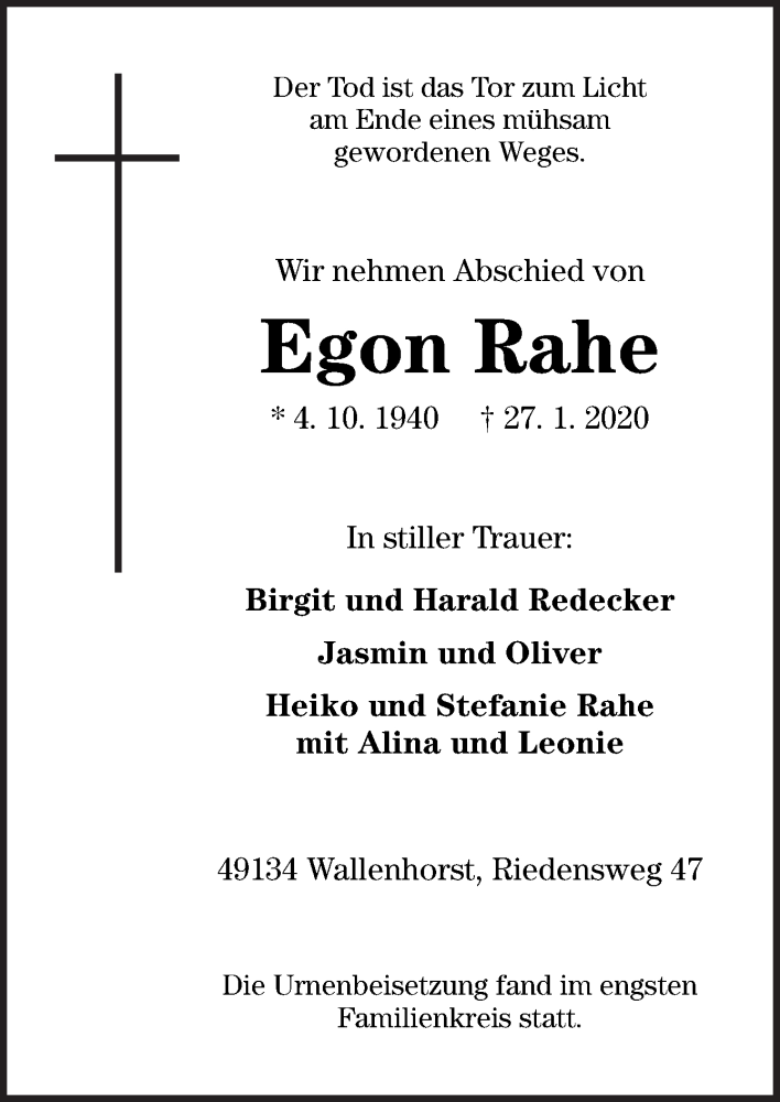  Traueranzeige für Egon Rahe vom 08.02.2020 aus Neue Osnabrücker Zeitung GmbH & Co. KG