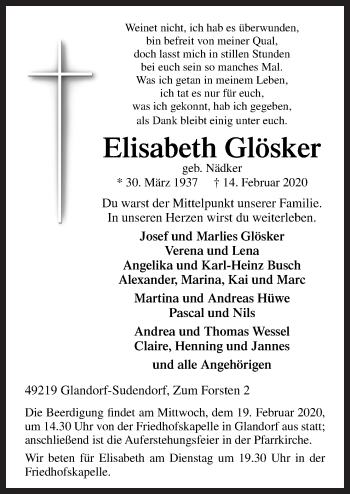 Traueranzeige von Elisabeth Glösker von Neue Osnabrücker Zeitung GmbH & Co. KG