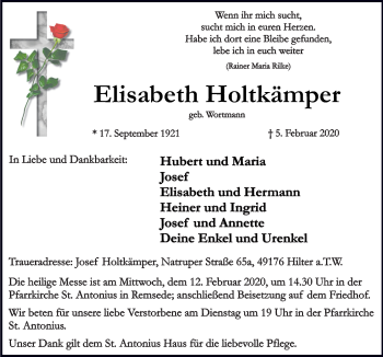Traueranzeige von Elisabeth Holtkämper von Neue Osnabrücker Zeitung GmbH & Co. KG