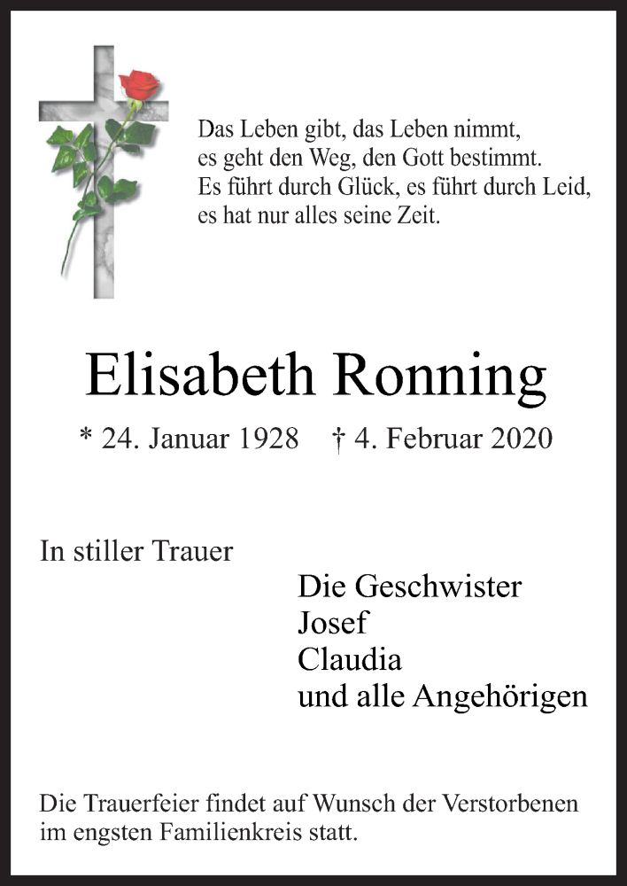 Traueranzeige für Elisabeth Ronning vom 08.02.2020 aus Neue Osnabrücker Zeitung GmbH & Co. KG
