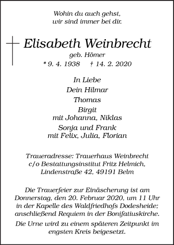 Traueranzeige von Elisabeth Weinbrecht von Neue Osnabrücker Zeitung GmbH & Co. KG