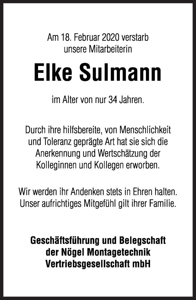  Traueranzeige für Elke Sulmann vom 26.02.2020 aus Neue Osnabrücker Zeitung GmbH & Co. KG