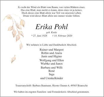 Traueranzeige von Erika Pohl von Neue Osnabrücker Zeitung GmbH & Co. KG