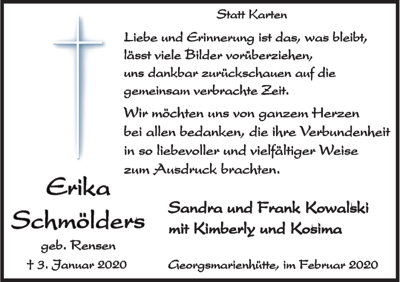  Traueranzeige für Erika Schmölders vom 29.02.2020 aus Neue Osnabrücker Zeitung GmbH & Co. KG