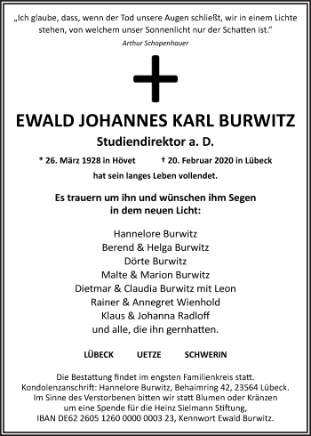 Traueranzeige von Ewald Johannes Karl Burwitz von Neue Osnabrücker Zeitung GmbH & Co. KG