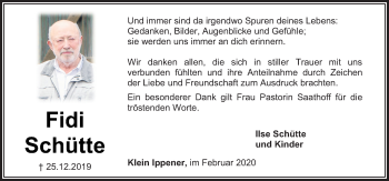 Traueranzeige von Fidi Schütte von Neue Osnabrücker Zeitung GmbH & Co. KG