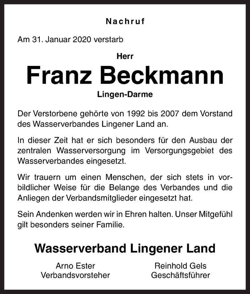  Traueranzeige für Franz Beckmann vom 05.02.2020 aus Neue Osnabrücker Zeitung GmbH & Co. KG