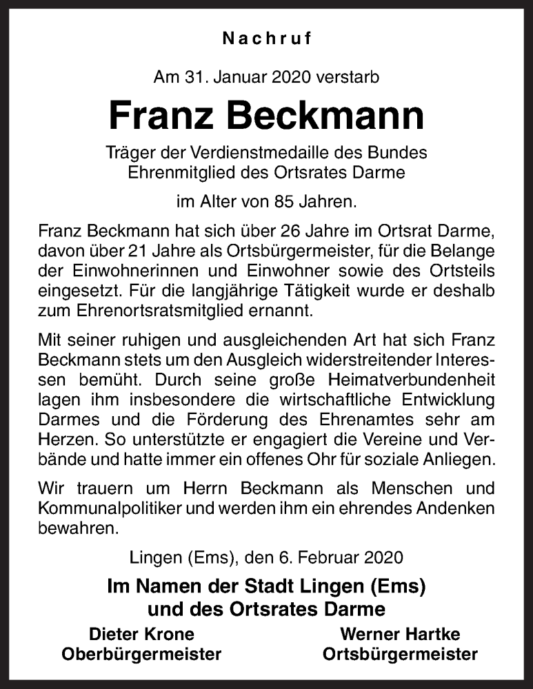  Traueranzeige für Franz Beckmann vom 06.02.2020 aus Neue Osnabrücker Zeitung GmbH & Co. KG