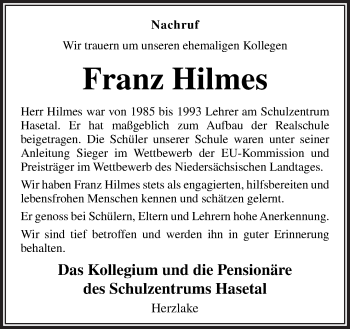 Traueranzeige von Franz Hilmes von Neue Osnabrücker Zeitung GmbH & Co. KG