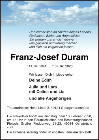 Traueranzeige von Franz-Josef Duram von Neue Osnabrücker Zeitung GmbH & Co. KG