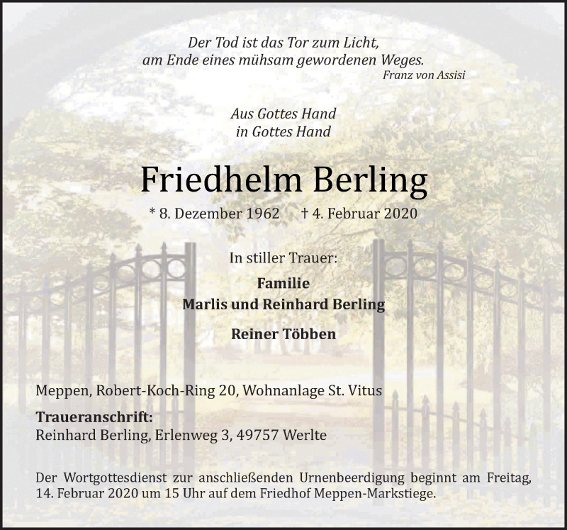  Traueranzeige für Friedhelm Berling vom 08.02.2020 aus Neue Osnabrücker Zeitung GmbH & Co. KG