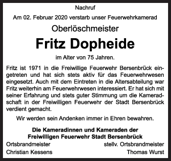 Traueranzeige von Fritz Dopheide von Neue Osnabrücker Zeitung GmbH & Co. KG