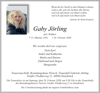Traueranzeige von Gaby Jörling von Neue Osnabrücker Zeitung GmbH & Co. KG
