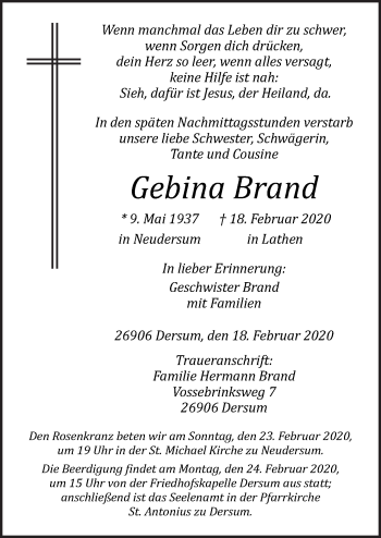 Traueranzeige von Gebina Brand von Neue Osnabrücker Zeitung GmbH & Co. KG