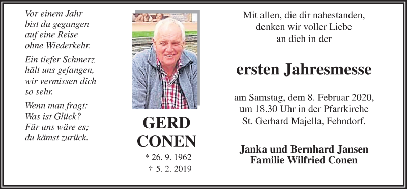  Traueranzeige für Gerd Conen vom 05.02.2020 aus Neue Osnabrücker Zeitung GmbH & Co. KG