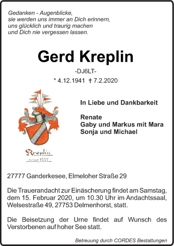 Traueranzeige von Gerd Kreplin von Neue Osnabrücker Zeitung GmbH & Co. KG