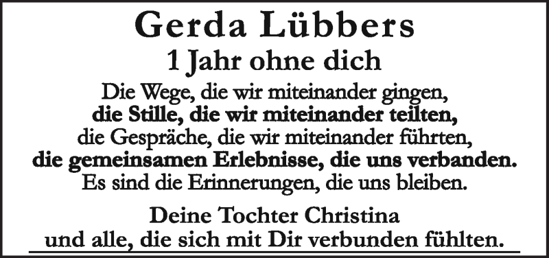  Traueranzeige für Gerda Lübbers vom 07.02.2020 aus Neue Osnabrücker Zeitung GmbH & Co. KG