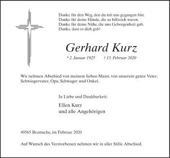 Traueranzeige von Gerhard Kurz von Neue Osnabrücker Zeitung GmbH & Co. KG