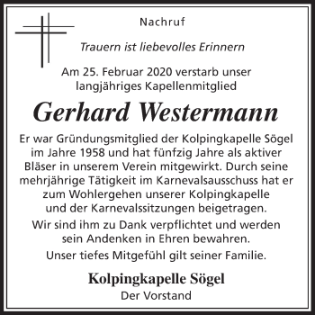 Traueranzeige von Gerhard Westermann von Neue Osnabrücker Zeitung GmbH & Co. KG