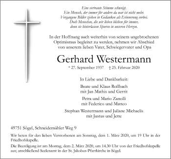 Traueranzeige von Gerhard Westermann von Neue Osnabrücker Zeitung GmbH & Co. KG