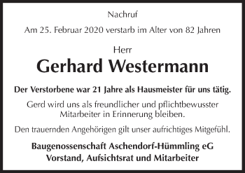 Traueranzeige von Gerhard Westermann von Neue Osnabrücker Zeitung GmbH & Co. KG