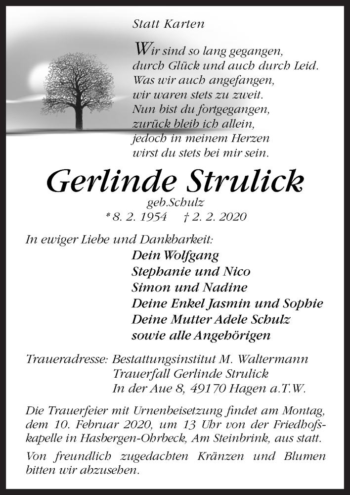  Traueranzeige für Gerlinde Strulick vom 06.02.2020 aus Neue Osnabrücker Zeitung GmbH & Co. KG