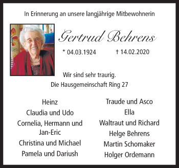 Traueranzeige von Gertrud Behrens von Neue Osnabrücker Zeitung GmbH & Co. KG