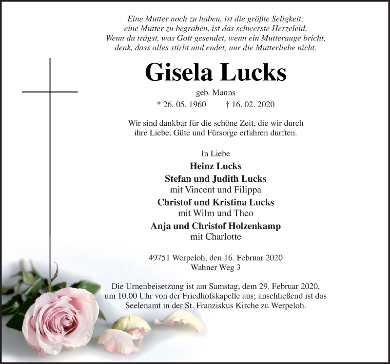  Traueranzeige für Gisela Lucks vom 22.02.2020 aus Neue Osnabrücker Zeitung GmbH & Co. KG