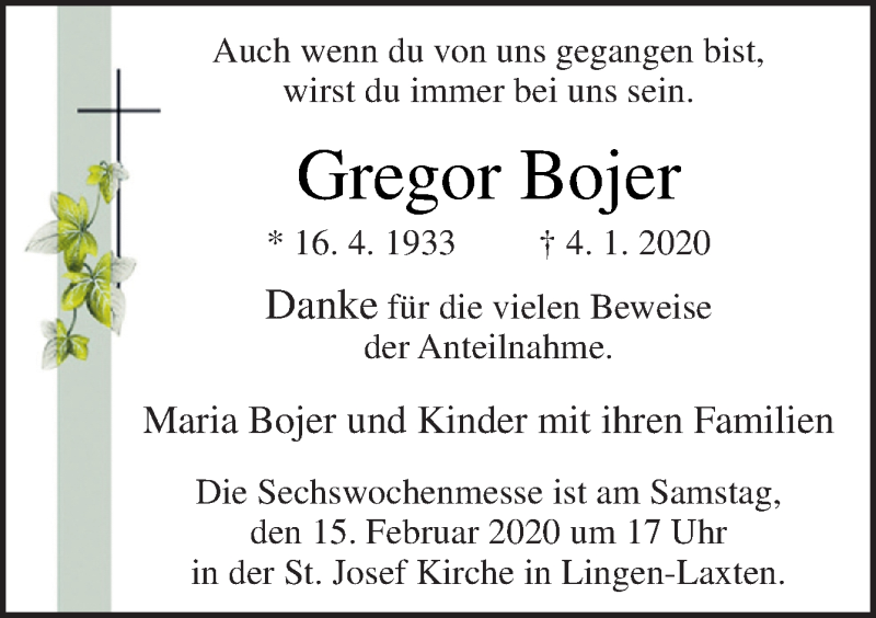  Traueranzeige für Gregor Bojer vom 12.02.2020 aus Neue Osnabrücker Zeitung GmbH & Co. KG