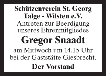 Traueranzeige von Gregor Snaadt von Neue Osnabrücker Zeitung GmbH & Co. KG