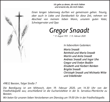 Traueranzeige von Gregor Snaadt von Neue Osnabrücker Zeitung GmbH & Co. KG