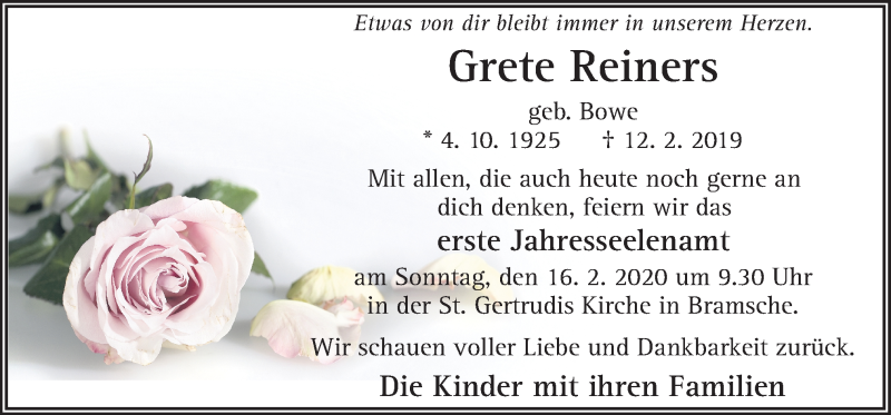 Traueranzeige für Grete Reiners vom 12.02.2020 aus Neue Osnabrücker Zeitung GmbH & Co. KG