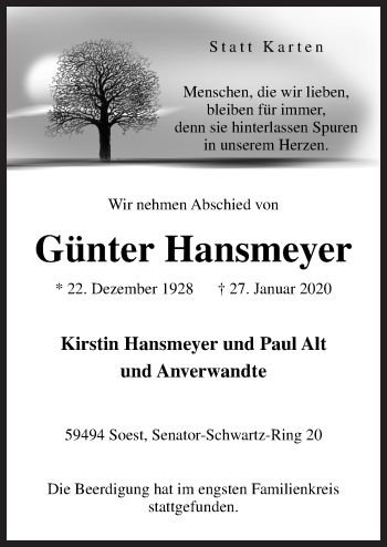 Traueranzeige von Günter Hansmeyer von Neue Osnabrücker Zeitung GmbH & Co. KG