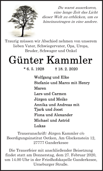 Traueranzeige von Günter Kammler von Neue Osnabrücker Zeitung GmbH & Co. KG