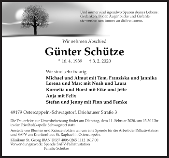 Traueranzeige von Günter Schütze von Neue Osnabrücker Zeitung GmbH & Co. KG