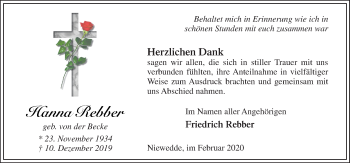 Traueranzeige von Hanna Rebber von Neue Osnabrücker Zeitung GmbH & Co. KG