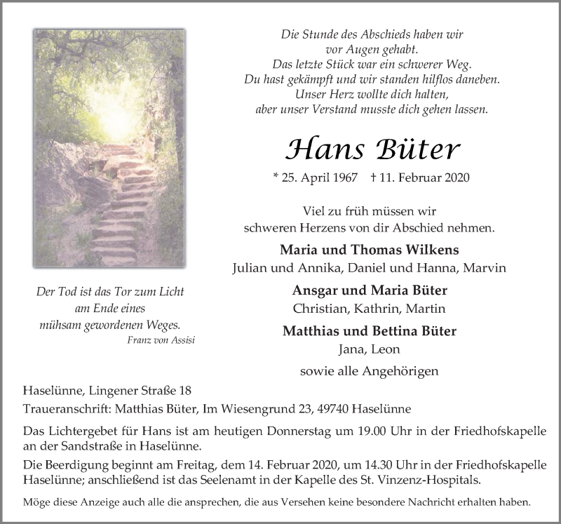  Traueranzeige für Hans Büter vom 13.02.2020 aus Neue Osnabrücker Zeitung GmbH & Co. KG